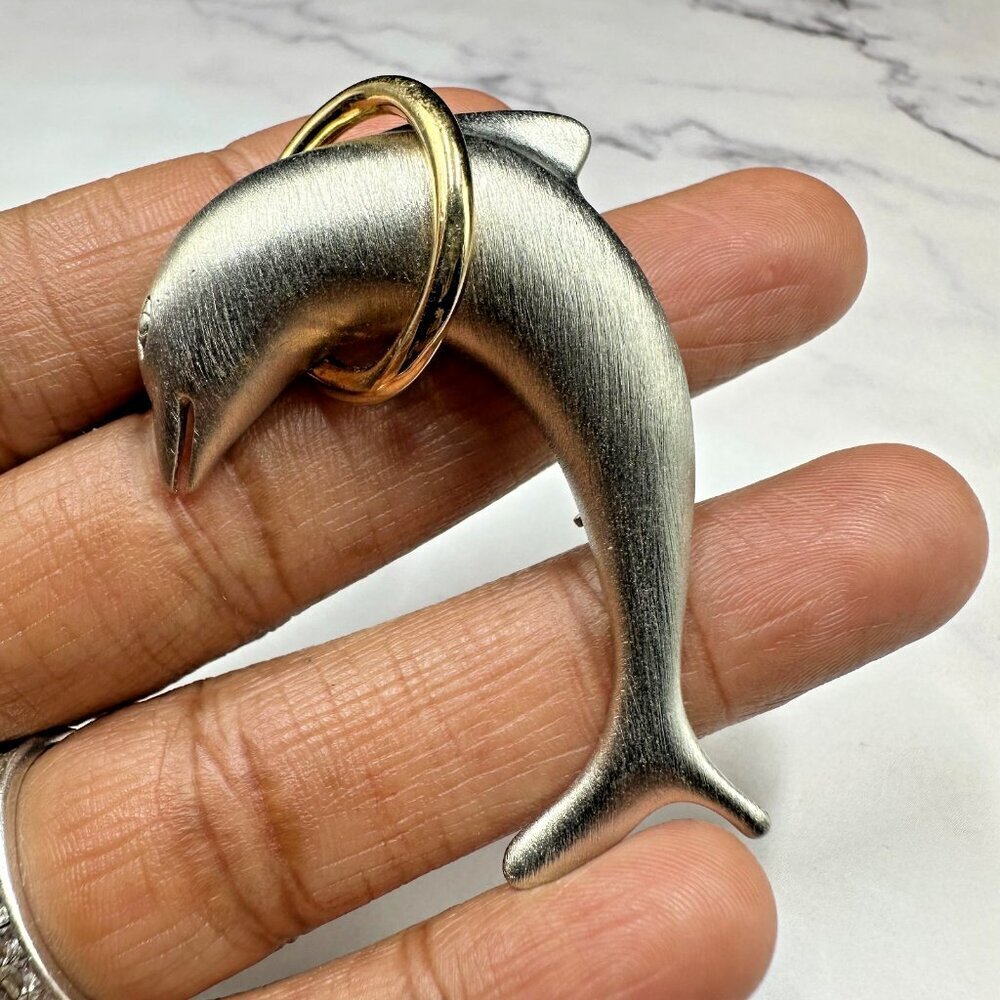 3/$30 Vintage Dolphin Brooch Silver Brushed Metal Sea Creature Animal Pin Signed